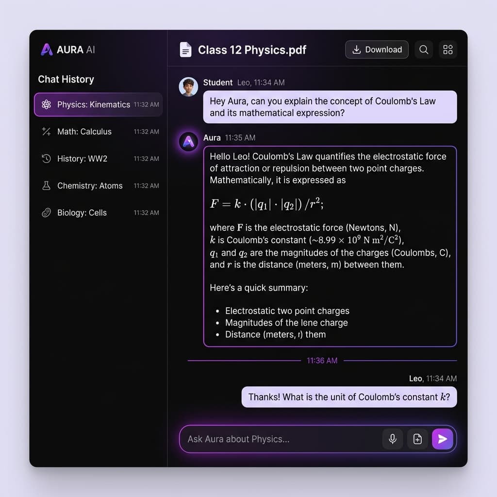 StudyAgent AI Chat Interface showing Physics conversation